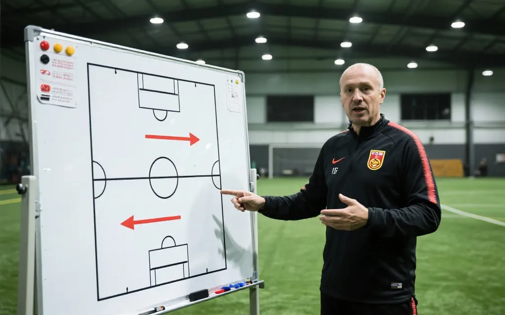 教练在战术板前讲解，旁边是简化的攻防箭头示意